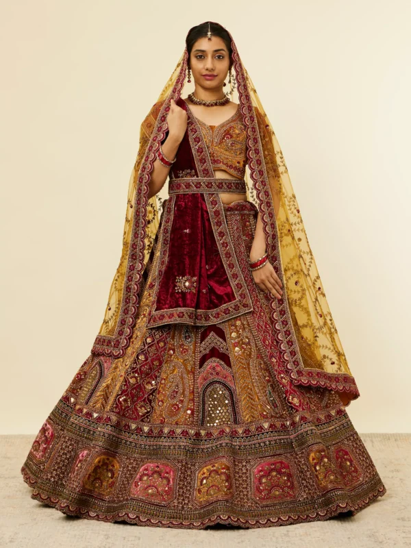 Mustard Yellow Maroon Paisley Patterned Bridal Lehenga