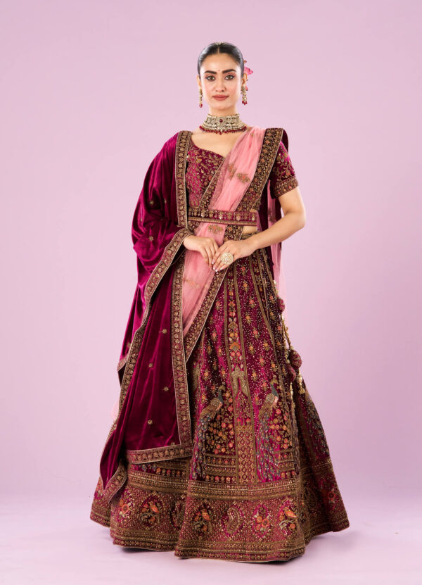 READY TO WEAR  Wine Velvet Bridal Lehenga Set