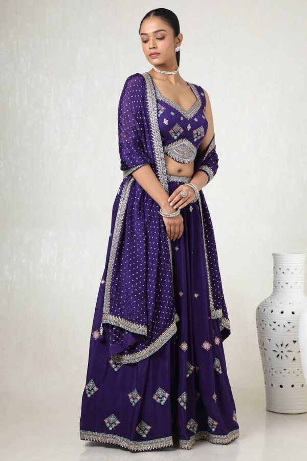 Purple Chinon Embellished Ghagra Choli With Cutdana